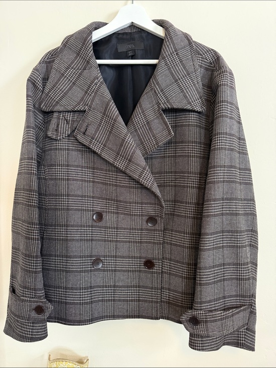 Zara Jackets & Blazers - 🐝 NWOT 🐝 Zara Gray Plaid Double-Breasted Pea Coat